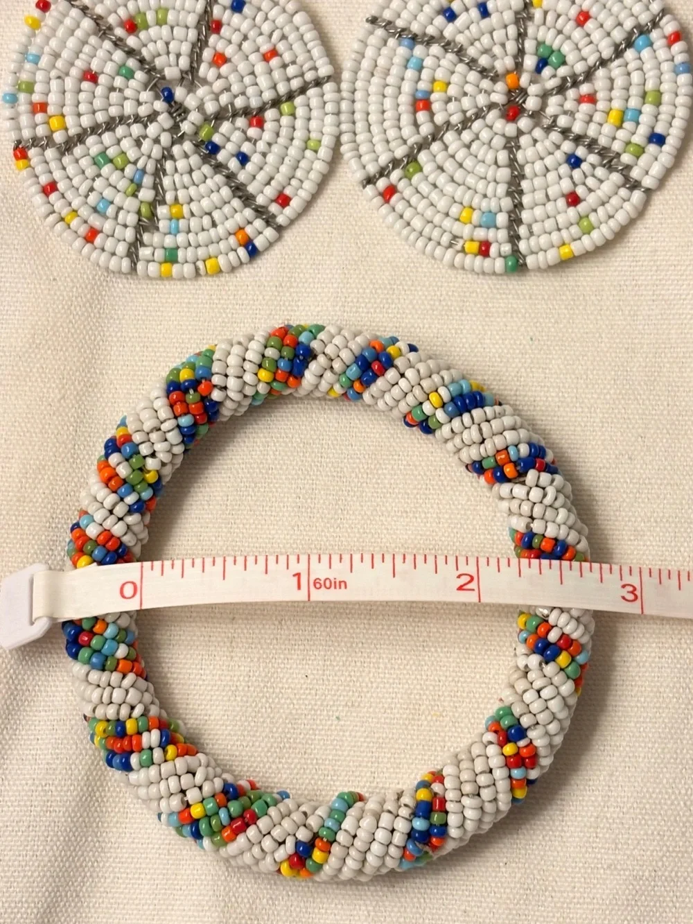 African Maasai Beaded Earrings White Beaded Hoop Earrings & Matching Bangle Set